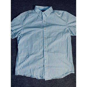Banana Republic Dress Shirt Men Large Blue Check Short Sleeve Collar Button Down